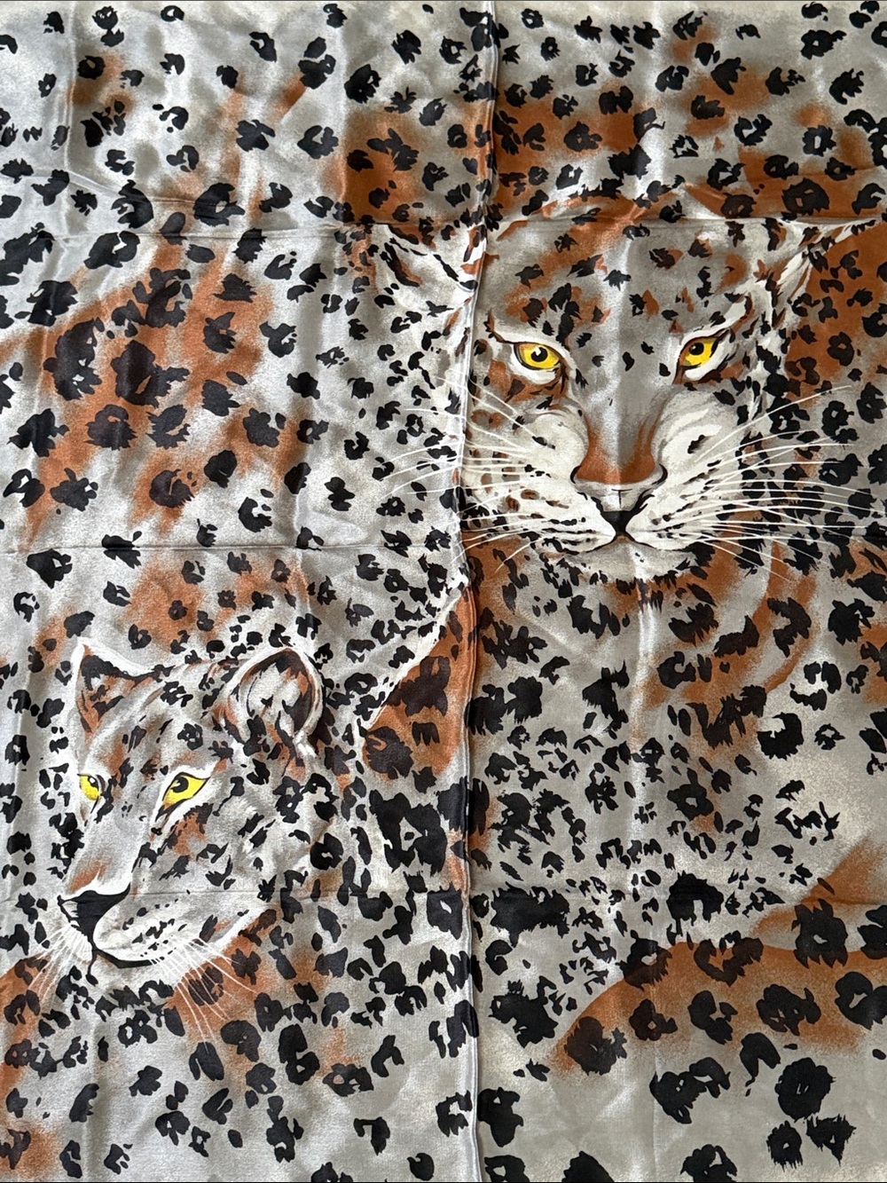 Vintage Big Cat Leopard Cheetah Silk Scarf Silver Grey Brown 32” square